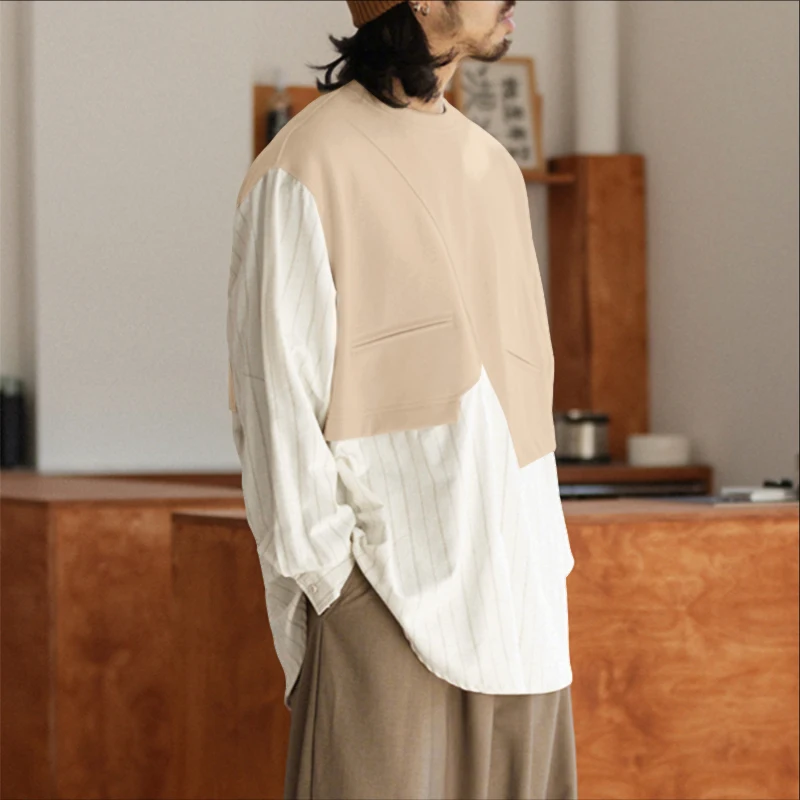 INCERUN Kemeja Pria Bergaris Patchwork Kerah O Lengan Panjang Oversize Pakaian Pria Streetwear 2025 Fashion Kasual Atasan Pria