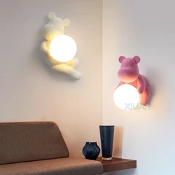 Chrome White Pink Bear Lights Art Design Bedroom Bedside Wall Lamps Resin Animal White Sconces Living Room Decorative Wall Light