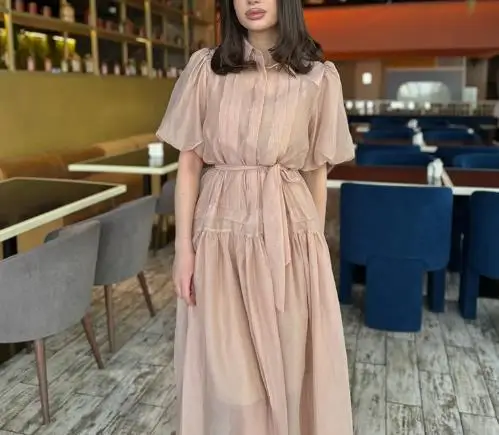 فستان فرنسي أنيق بأكمام قصيرة شبكي مطوي، فستان صيفي جديد على طراز الأميرة من الشيفون، فستان أنيق بأزرار لأعلى #3