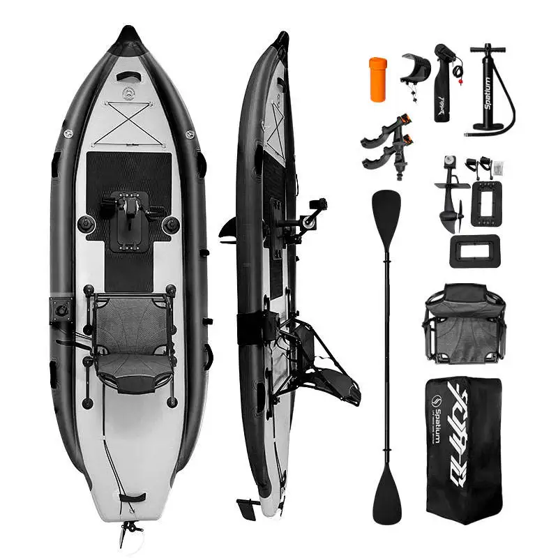

Inflatable Pedal Boat Sit on Top,1 Person Drop Stitch PVC Fishing kayak 335* 112* 10cm Foot Pedal Drive Rugged Kayak for Adults