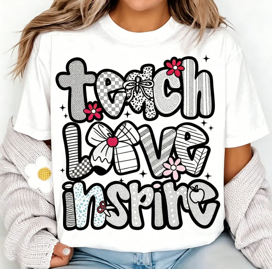2026 Fashion New Arrival Women Crew Neck Teacher Appreciation T-Shirt, Teach Love Inspire Letter Print Pink Educator Tee, Casual Gift For Teacher Appreciation Day Daily Wear Basic Top