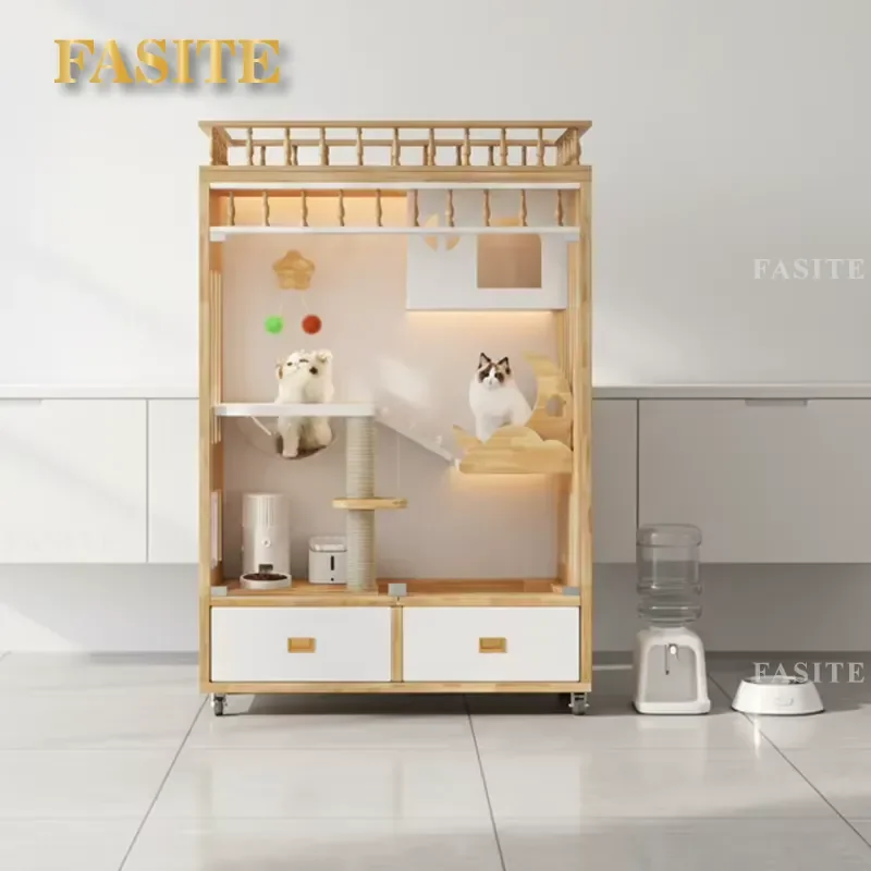 For Cat Three Story Wooden Villa Cage with Tempered Glass Doors Modern Luxury Pet Furniture Large Living Room Enclosure