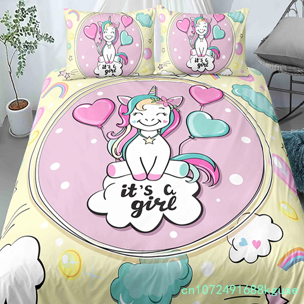 Cartoon Unicorn Cute Duvet Cover Set With Pillowcase Queen King Size 2/3 Pcs Bed Clothes For Kids Adult Polyester Bedding Set