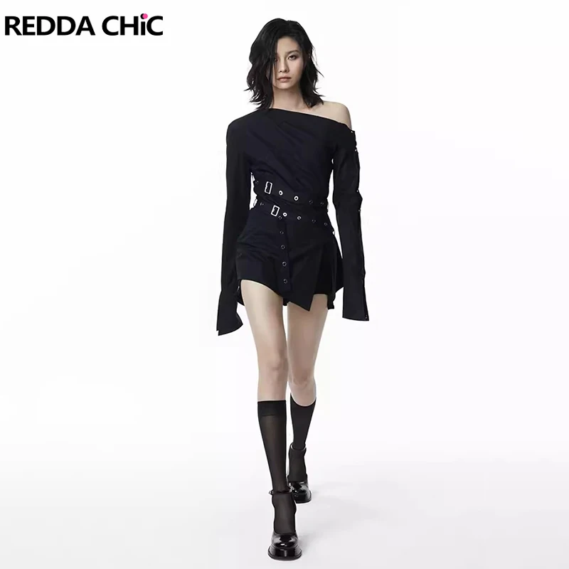 ReddaChic Retro Black Slant Shoulder Shirt Dress Women Long Sleeves Double-belt Strappy Split Acubi Fashion One-piece Mini Dress