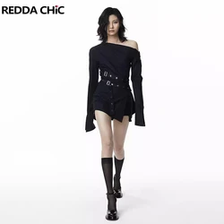 ReddaChic Retro Black Slant Shoulder Shirt Dress Women Long Sleeves Double-belt Strappy Split Acubi Fashion One-piece Mini Dress