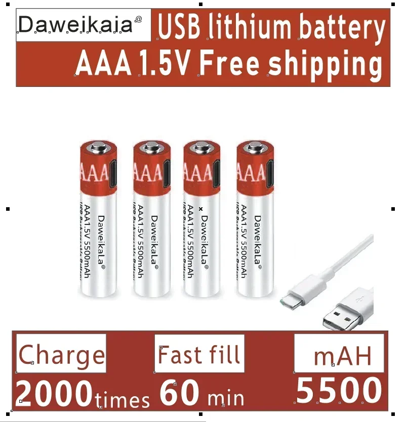 Batterie lithium-ion aste USB, grande capacité, 1.5V, AAA, 5500mAh, sans chargeur, télécommande, souris sans fil, câble inclus