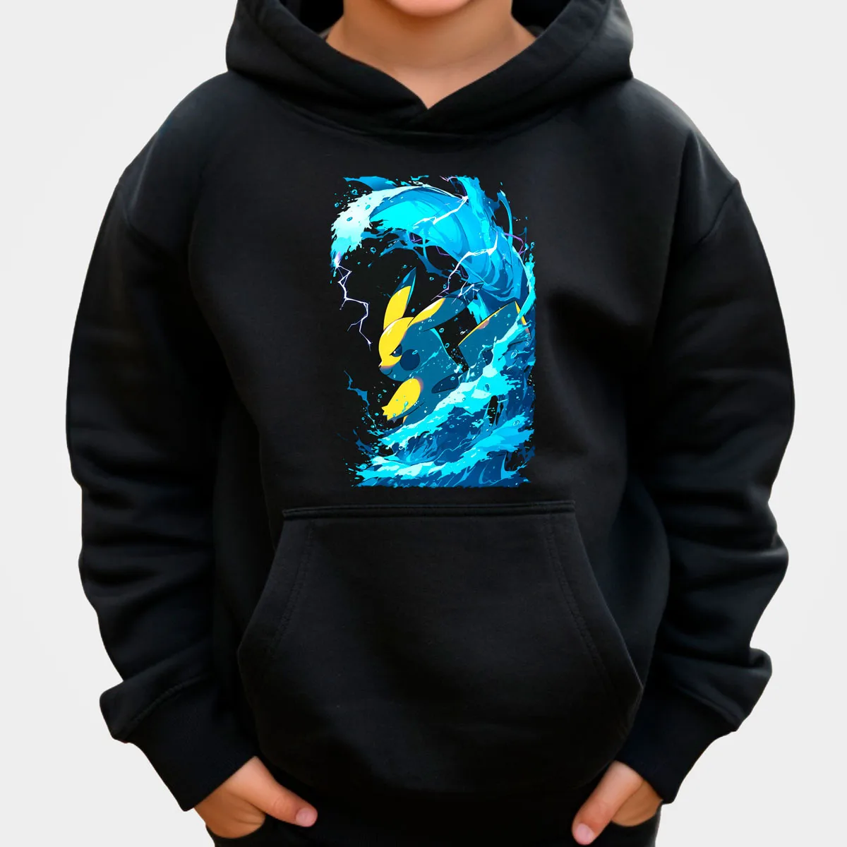 Pokemon Anime Pikachu Cotton Hoodie Black with Yellow Character Breaking Purple Energy Sphere Cracked Effect Loose Fit Casual