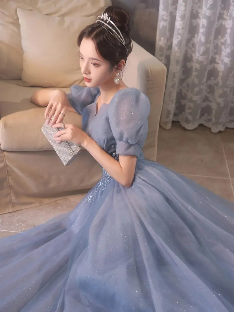 Fashion Light Blue Women Wedding Party Dress Fairy Lady Birthday Tulle Ball Gown Flower Applique Puff Sleeve Maxi Evening Frock