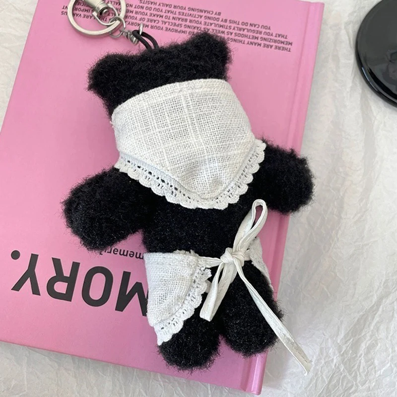 Bonito Urso Preto Dos Desenhos Animados Avental Cabeça Capa Bonecas, Plush Chaveiro, Kawaii Bag Decoração Acessórios, Moda Car Chaveiro Pingente, Presente