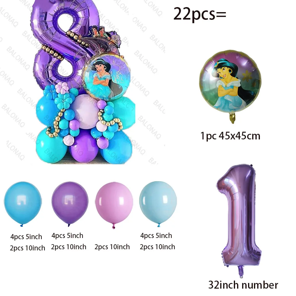 22Pcs Disney Aladdin Jasmine Princess Foil Balloon Girl Birthday Party Decoration Baby Shower Kid Faovr Purple Number Balloon