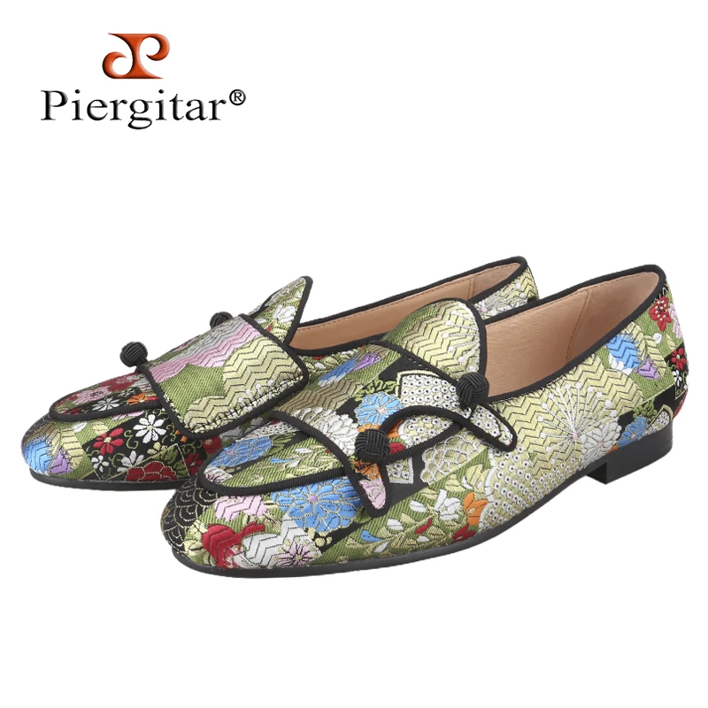 

Piergitar Multi Colors Jacquard Silk Double-Monk Belgian Loafers With Black Balls Buttons Handcrafted Men Slip-On Shoes Slippers