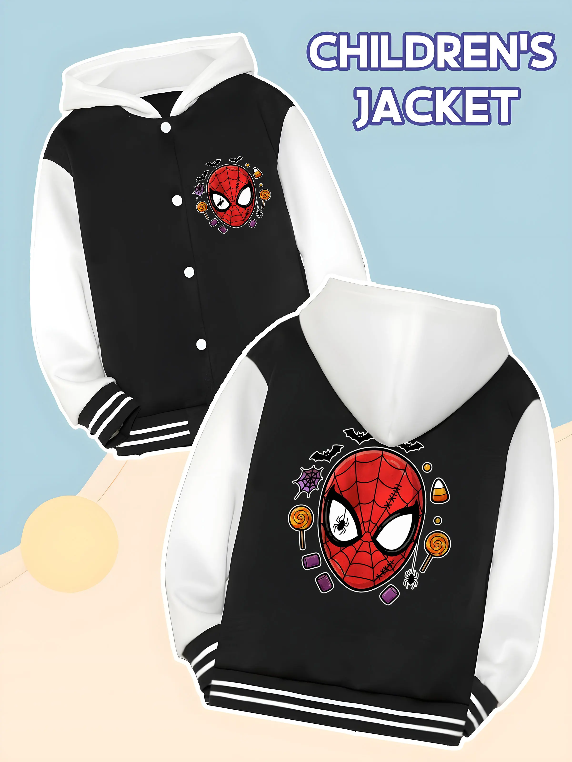 

MINISO Marvel Spider-Man Candy Boys Baseball Jacket - Spider-Man head with candy and bat elements, double-sided to show Hallowee