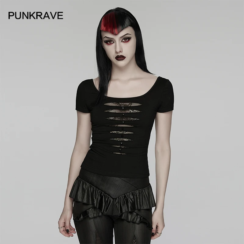 PUNK RAVE Women's Punk Mesh Perspective Soft Knit Short Sleeve T-shirt Personalized Tattered Holes Lace Lining Simple Sexy Tops