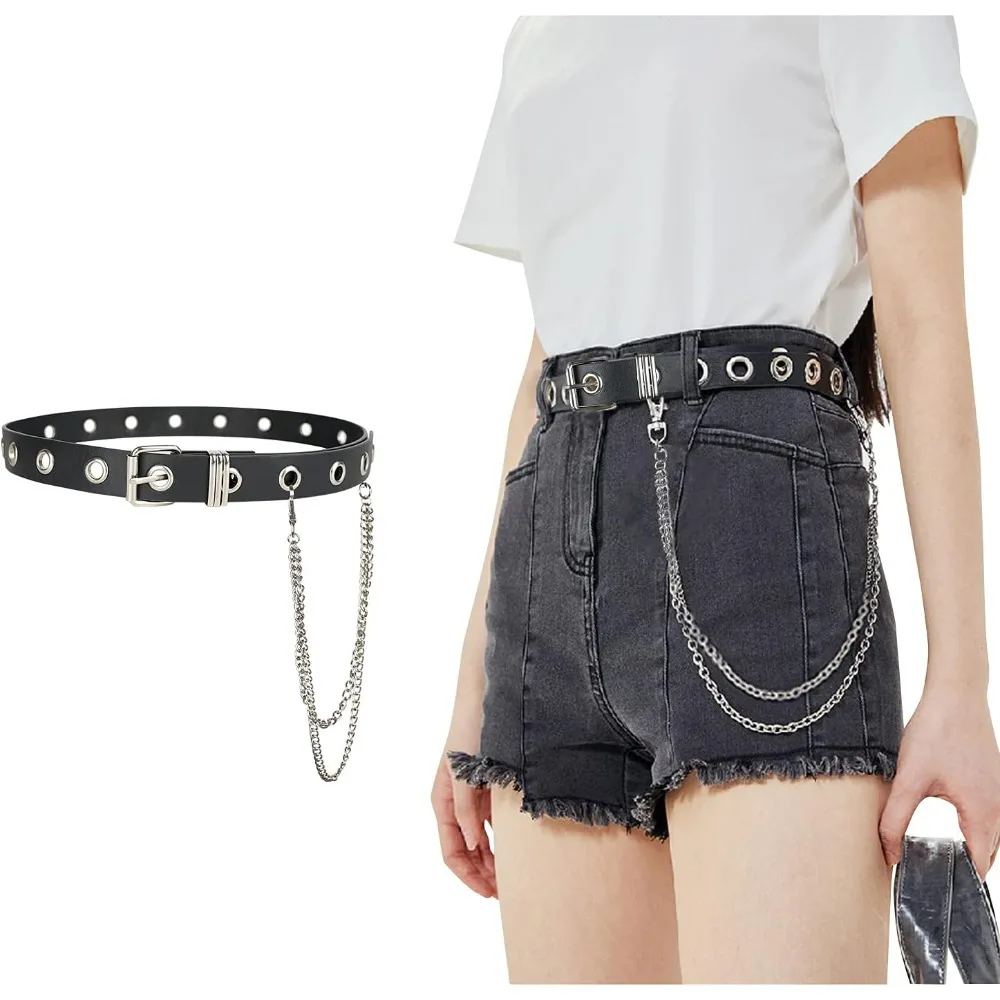 Leather Belt with Detachable Chain Women Men Punk Rock Waist Belts for Jeans Pants