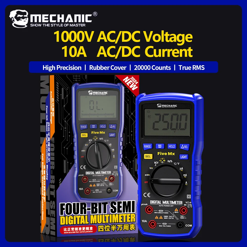 MECHANIC Multímetro Digital Multifunción Alta Precisión RMS Verdadero 20000 Cuentas Voltaje CA/CC Corriente Capacitancia Ohm Hz Detector NCV
