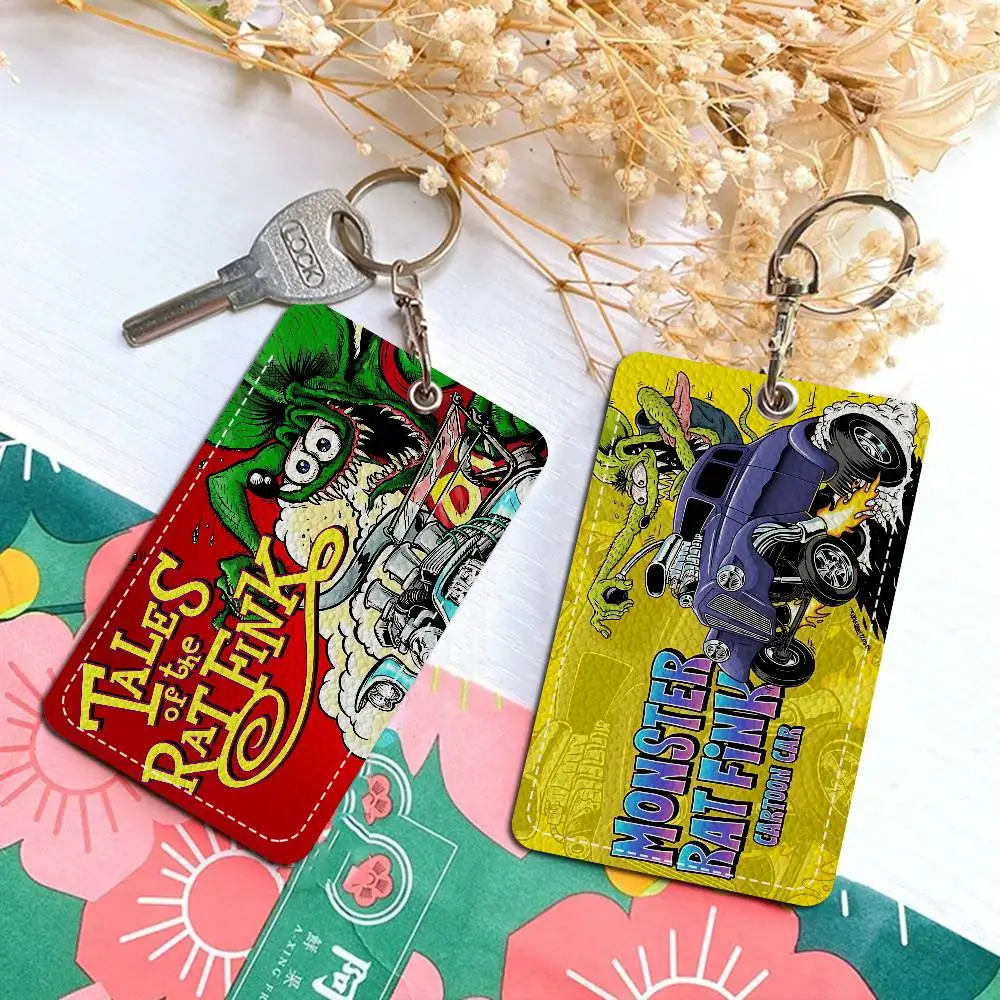 R-RAT F-FINK Rectangle ID Card Case Keychain Access Card Bag Key Tag Ring Leather Card Holder Key Ring Access