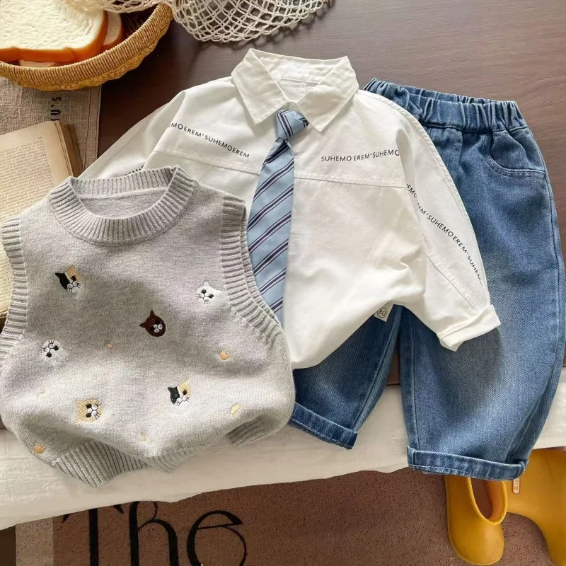 

Boys' Spring and Autumn Outfit Set New Stylish Children's Sweater Vest Casual Shirt Jeans 3-piece Set Kids Clothing Set