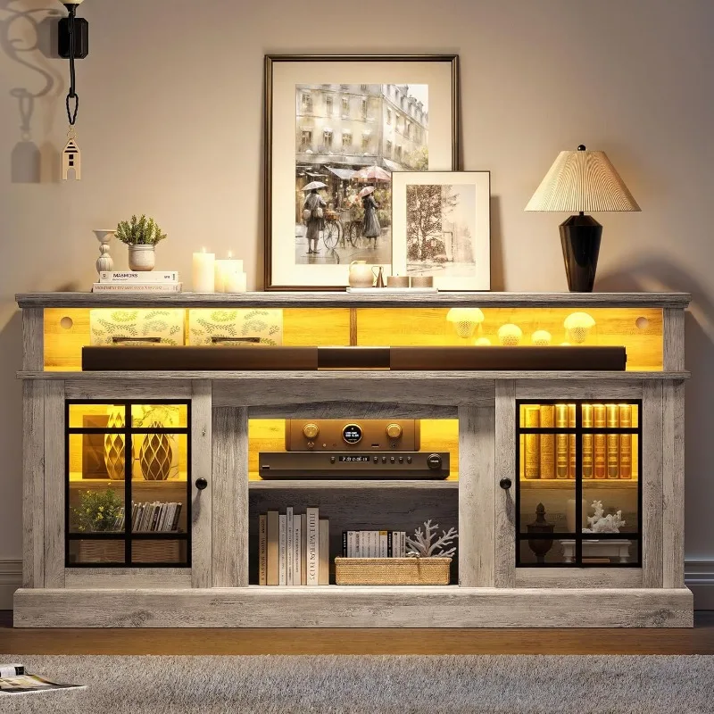 حامل تلفزيون حديث لتلفزيون 75 بوصة، مركز ترفيه LED مع أرفف قابلة للتعديل وأبواب زجاجية، تلفزيون بطول 32 بوصة