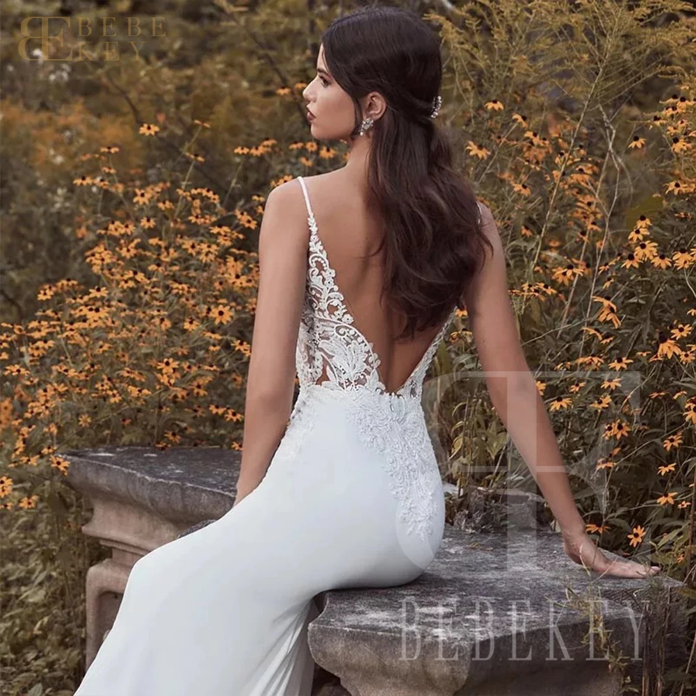 BEBEKEY Aangepaste Sexy Kant Trouwjurk Spaghettibandjes Zeemeermin Bruiloft Jurk Backless Bruidsjurken Formele Toga Gewaad