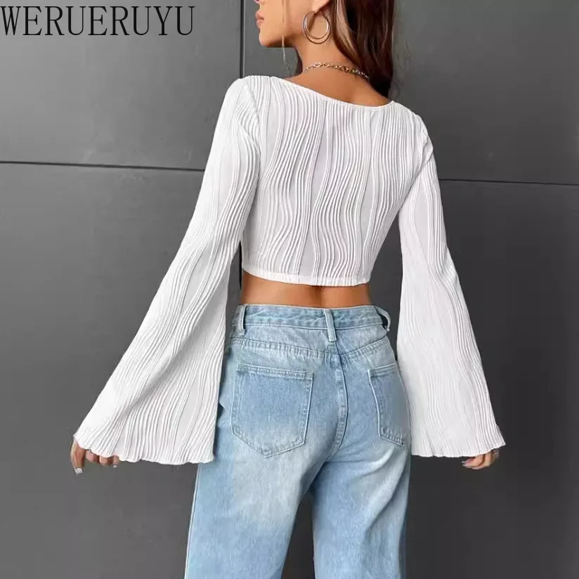 Sexy White Slim T-shirt Long Sleeve Crop Top Women Y2k Clothes Autumn and Winter Flare Sleeve Water Ripple T-shirts Womens 2024