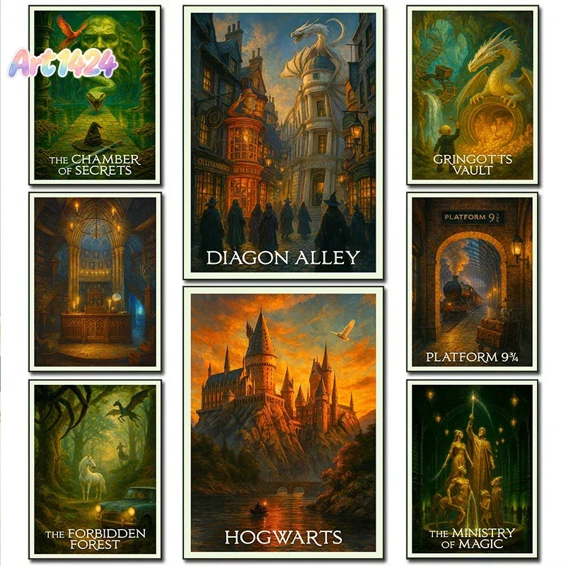 Classic Fantasy Art Magic Academy Dark Diagon Alley / Hagrid’s Hut Retro Posters Canvas Paintings Wall Art Pictures Home Deco