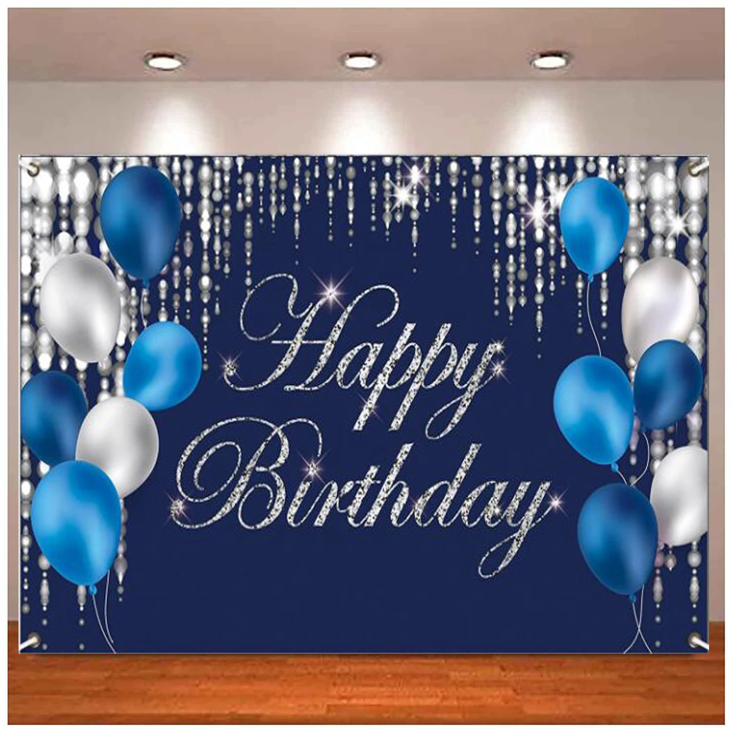 Blue Silver Banner Photography Backdrop Large Happy Birthday Baby Shower Party Backgroud Decorations Supplies For Men Women