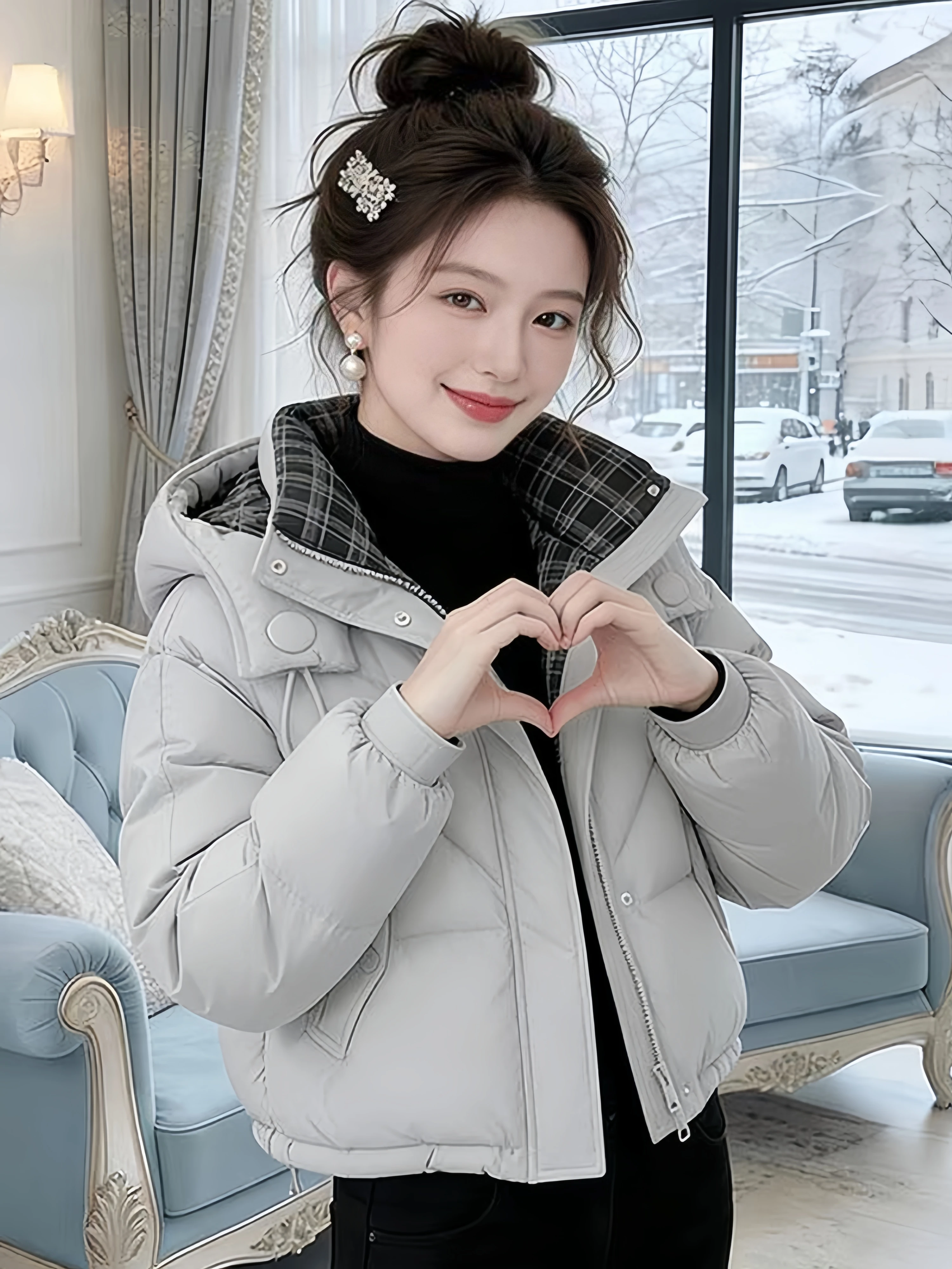 

Elegant Thickened Hooded Bread Coat Women's Commuter Short Cotton Jacket Winter New Style Korean Loose Fit Zipper Closure