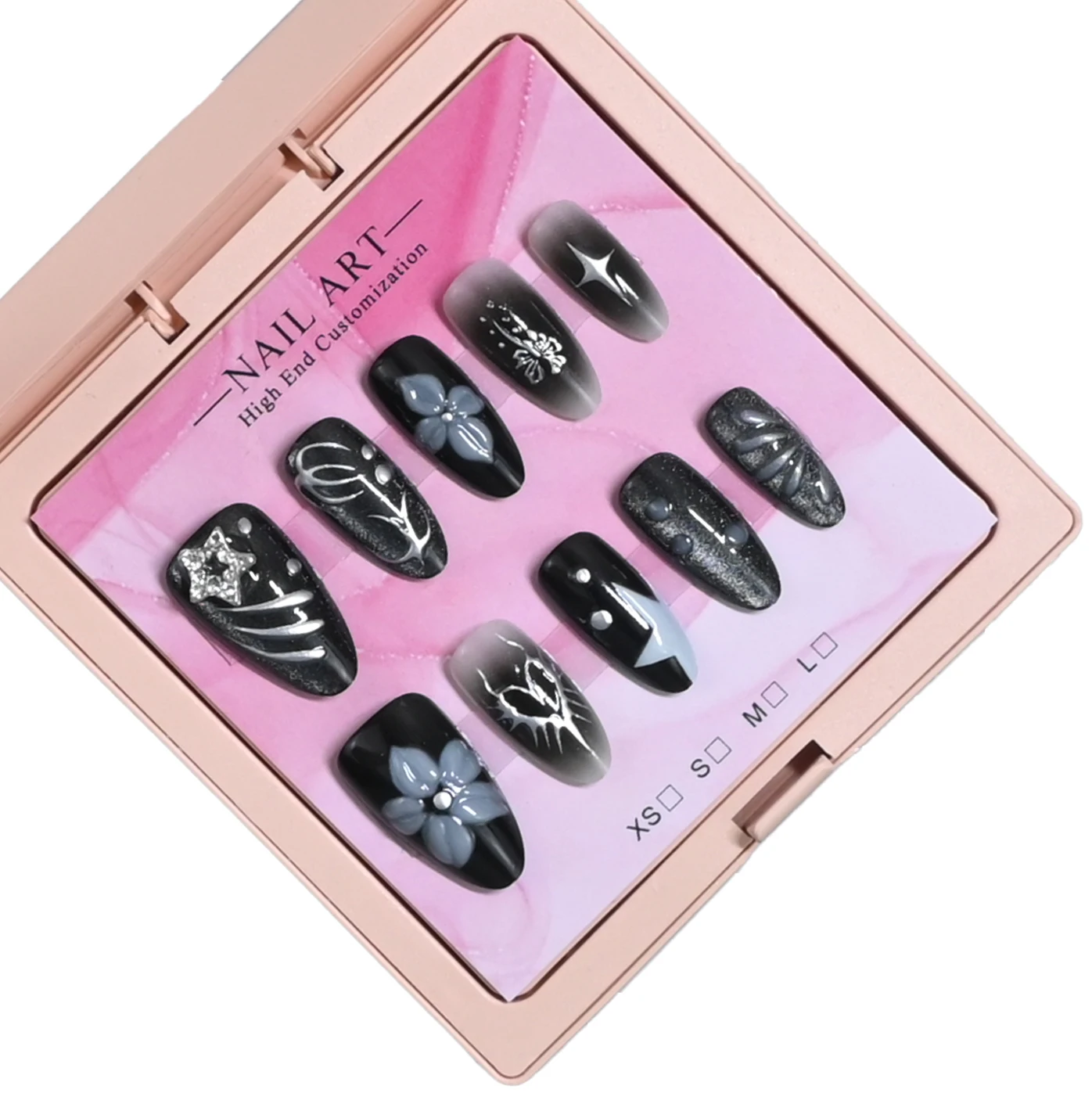 New arrival: 10 handmade medium almond press-on nails, exquisitely packaged. Black-gray gradient base with 3D blue flowers, silv