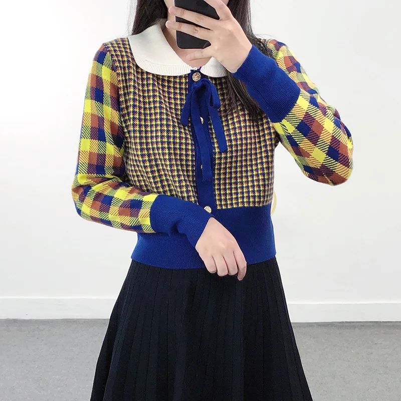 Early Autumn Plaid Cardigans Sweater Women Short Tops 2023 Doll Collar Bow Retro Crop Clothes Slim Preppy Style Knitwear Jumpers