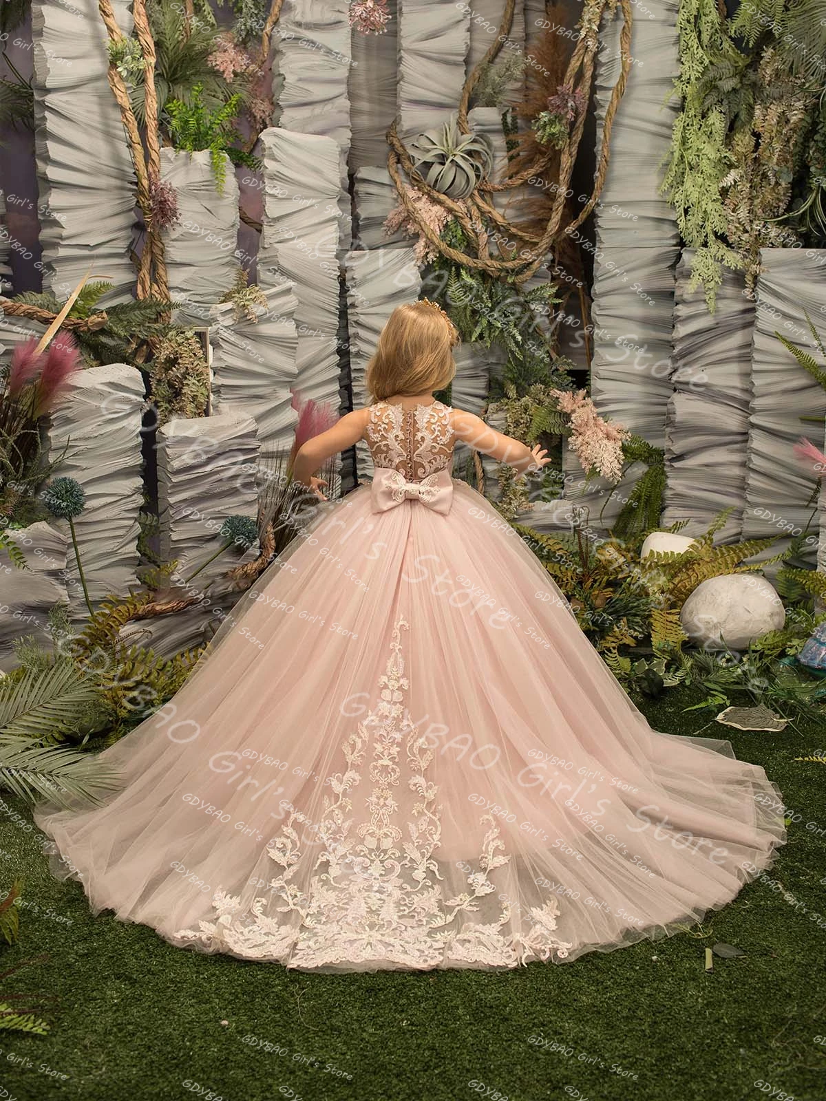 

Customized Tulle Flower Girl Dresses for Wedding 2025 Blush Pink Princess Pageant Frock Kids Beaded Applique Birthday Party Gown