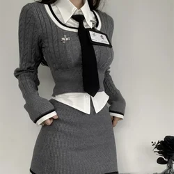 Fashion Knitted Suit Woman Y2k Crop Tops Sweater + Casual Shirt + Slim Bodycon Mini Skirt Korean 3 Piece Set Skirt 2023 Autumn