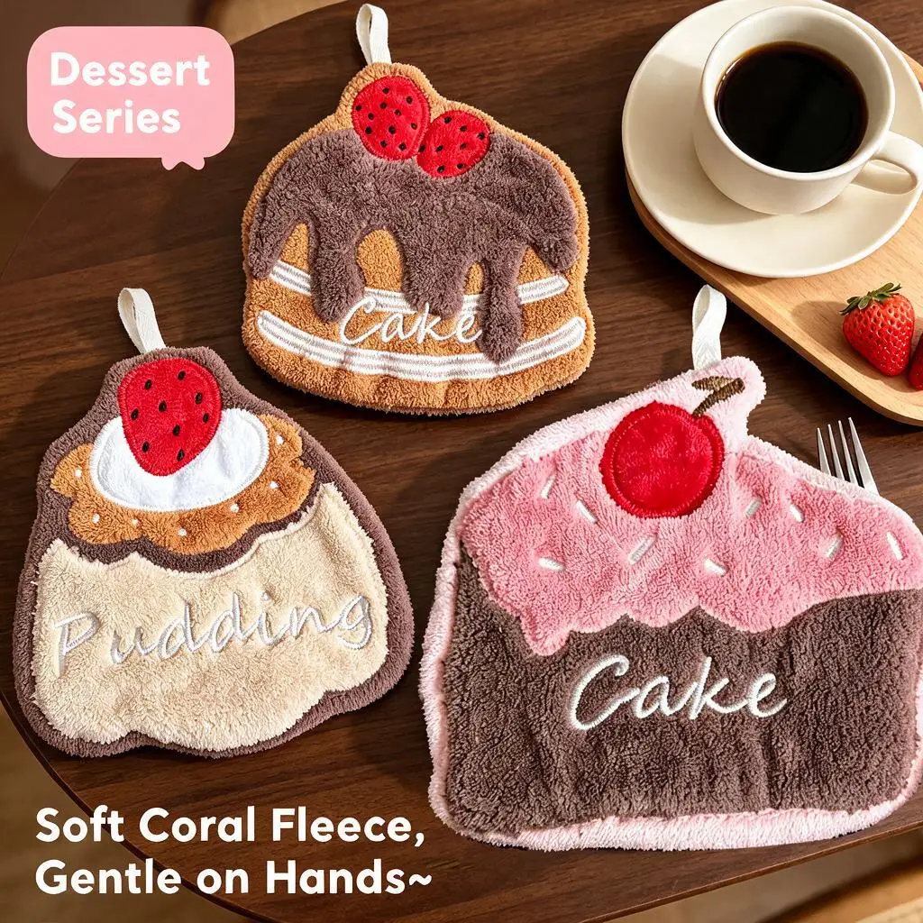 Kawaii Dessert Cake Hanging Hand Towel Soft Fleece Absorbent Quick‑Dry Washcloth For Kitchen Bathroom Household Cleaning Cloth