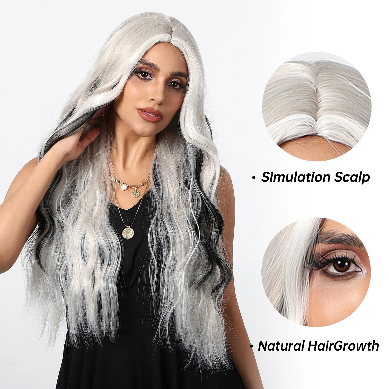 Silver White Wavy Synthetic Wigs Middle Part Long Wave Wig Black Multicolor Cosplay Halloween Fake Hair for Women Heat Resistant