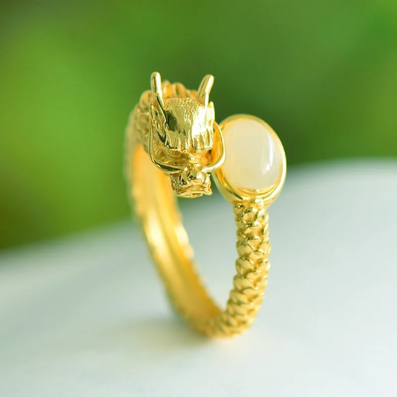 

925 Sterling Silver Gold-Plated Dragon Year Zodiac Ring with Certificate, Adjustable Open Mouth New Chinese Style Hetian Jade Op