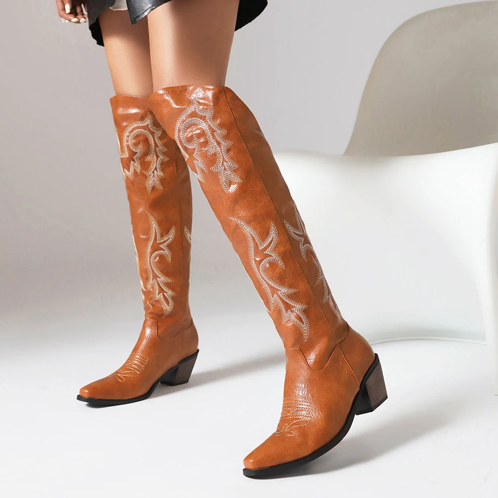 Cowboy Boots For Women 2023 Fashion Brown Boots Knee High Heels Embroider Sexy Warm Winter Zip Femme Handmade Shoes Size 42