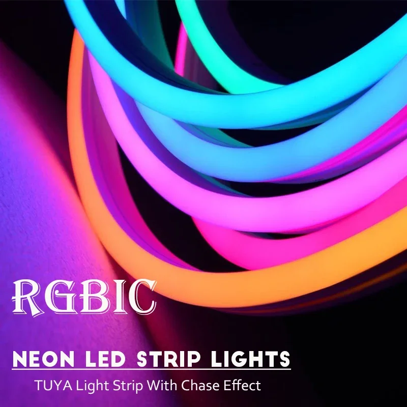 10M/32.8ft TUYA Led Neon Rope Light 12V/24V 84LEDs/M RGBIC Addressable LED Strip with Music Sync Flexible Pixels Strip Lights