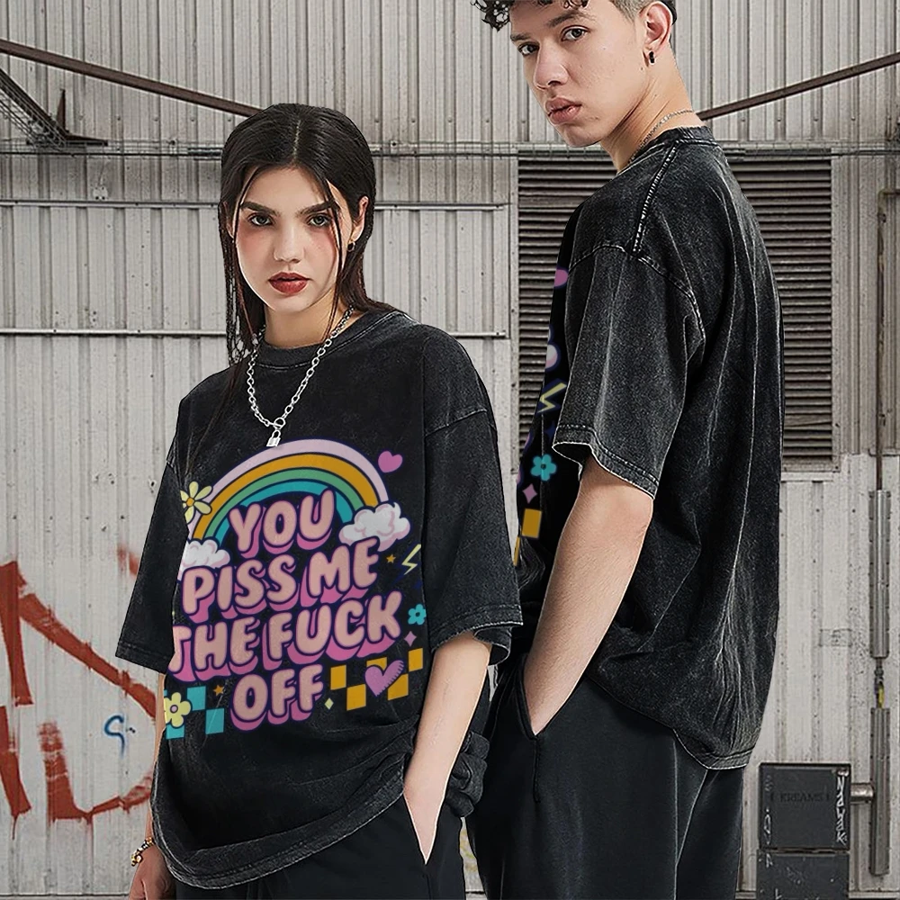 Loose Retro High Gram Weight T-Shirt White Cloud Rainbow Letter Printing 2024 Trendy New Neutral Style Short Sleeves