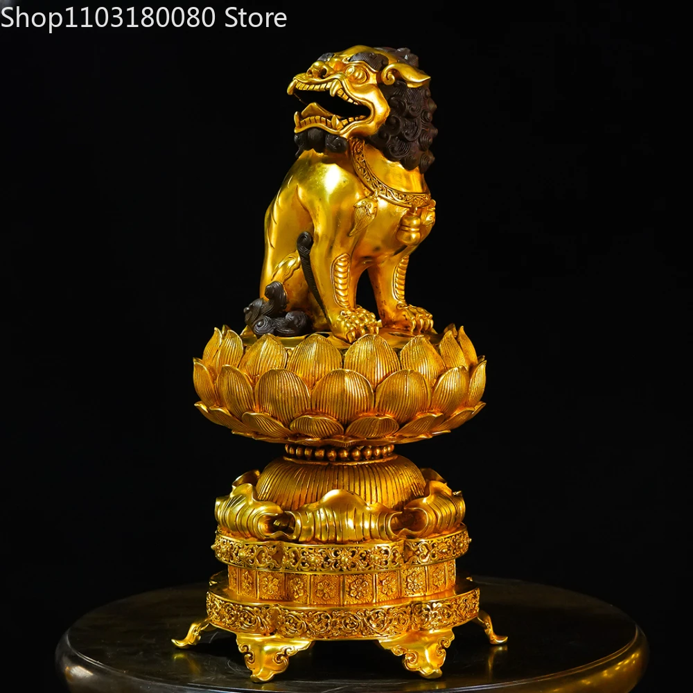 

37cm Copper gilding Lotus Sitting Lion Smokebox insence burner incense burner Chinese style home decor Large