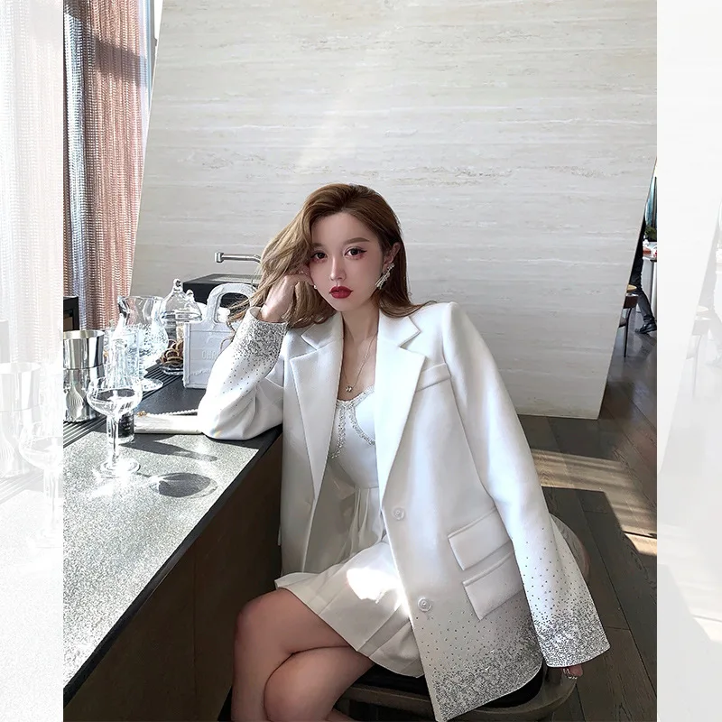 High-end Business Suit Dress Suit 2022 Spring Autumn New Hot Rhinestone White Blazer Jacket Suspender Wrapped Dress 2-Piece Set