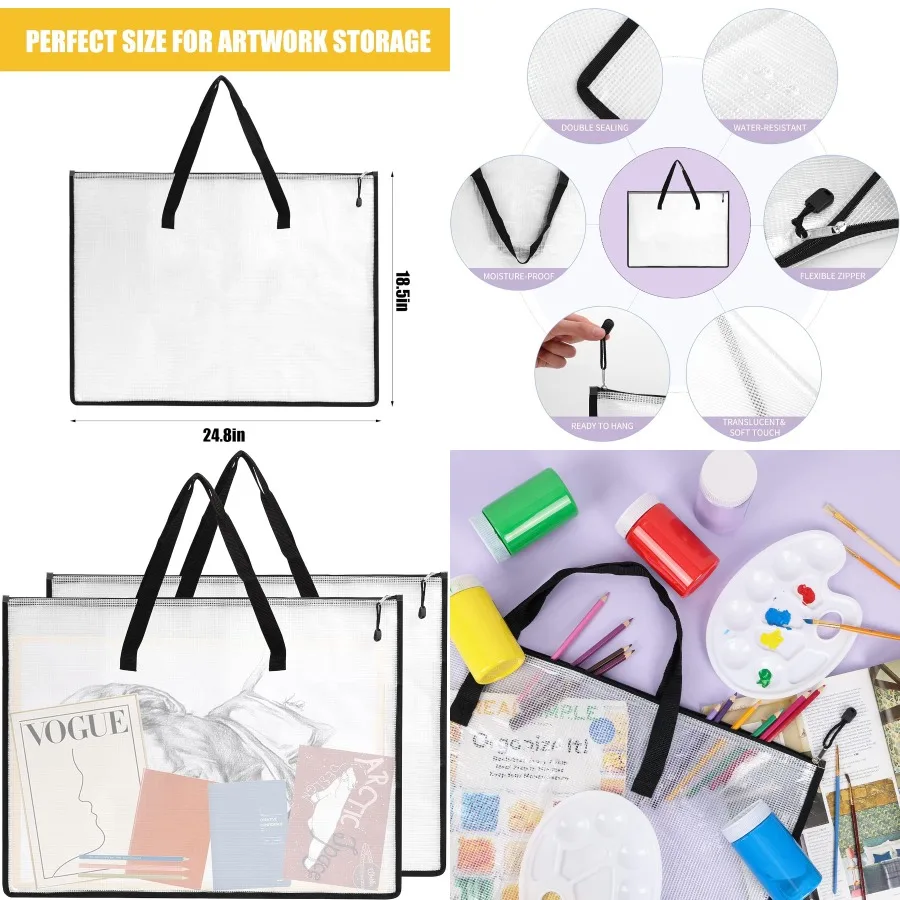 EOOUT 2 حزمة 18.5x24.8 بوصة حافظة محفظة فنية مجلد محفظة للعمل الفني حقيبة تخزين الملصقات مع سحاب ومقبض شبكة F