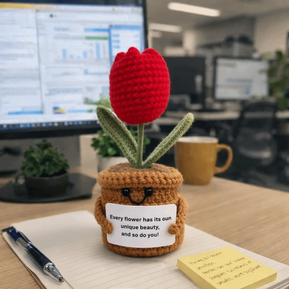 Hand Knitted Artificial Tulip Ornament Mini Size Finished Product Weaving love-themed decorations Inspirational Message Card