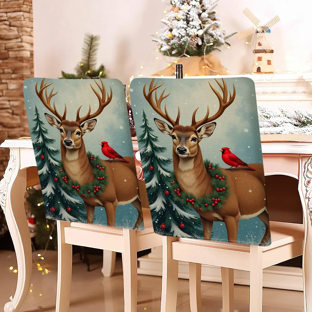 VIKAMA Merry Christmas Reindeer Winter Forest Chair Covers 2/4/6 PCS for Non Slip Washable Holiday Party Gift for Family