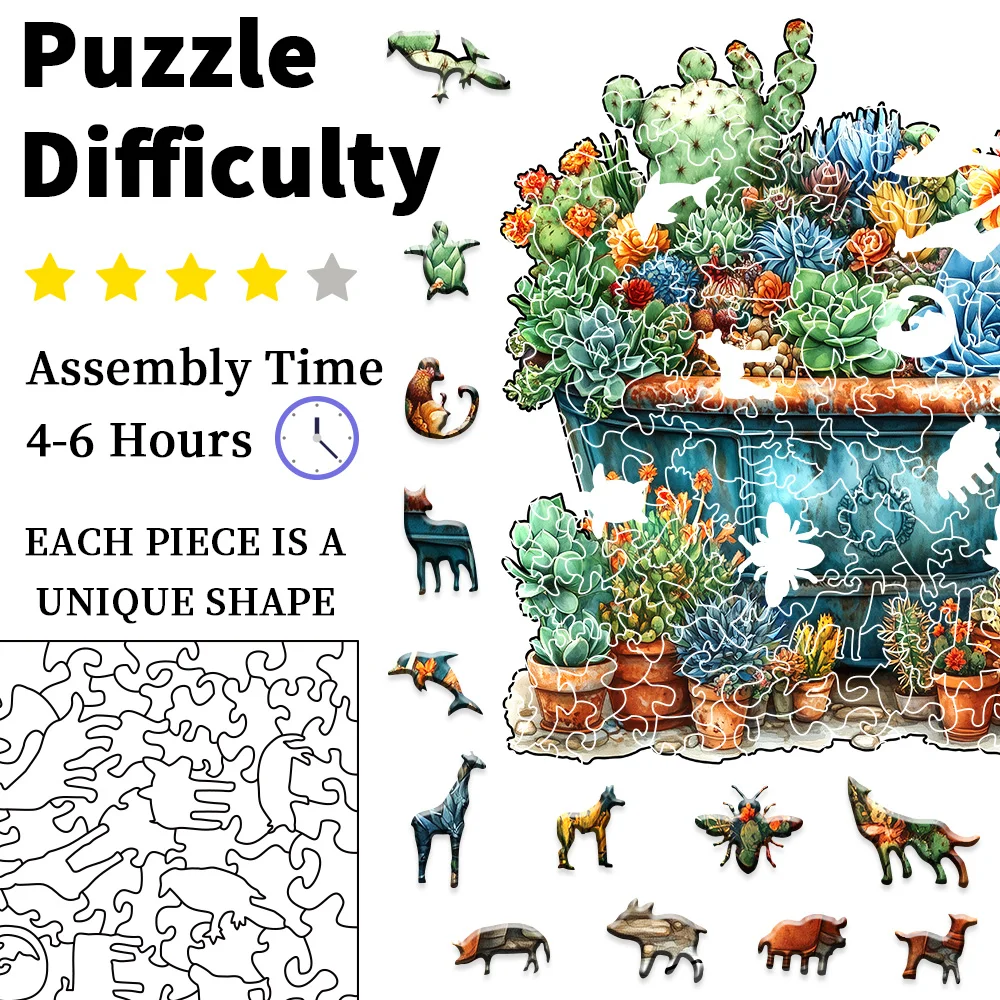 Quebra-cabeça de madeira desafiador, plantas suculentas coloridas e formas de animais exclusivas, jogo de cérebro de alta dificuldade, adequado para decoração caseira