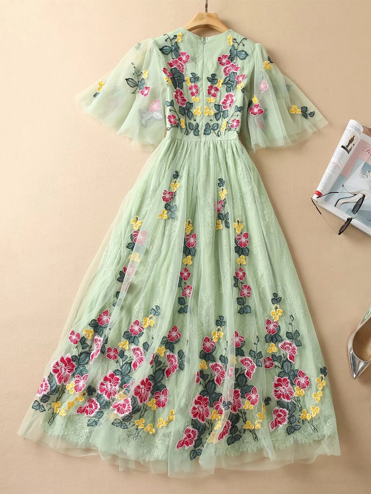 SEQINYY Elegant Midi Dress Summer Spring New Fashion Design Women Runway High Street Vintage Embroidery Flower Green Mesh A-Line