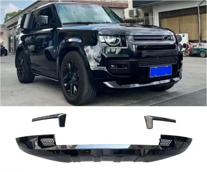 High Quality ABS Gloss Black Bumper Front Splitters Lip + Light Brow Wind Knife For Land Rover Defender 2020 2021 2022 2023