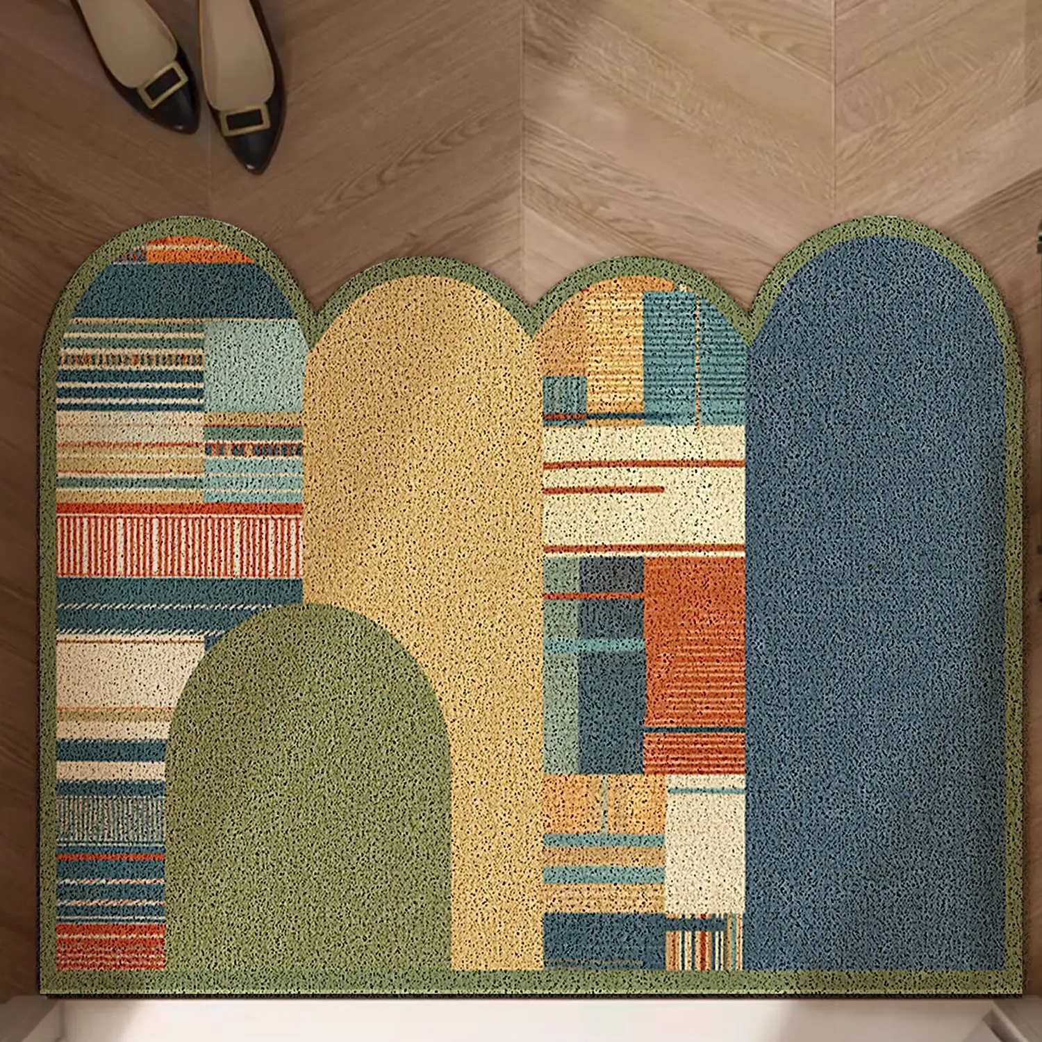 Nordic Boho Abstract Arch Geometric PVC Coil Doormat Dirt Catching Washable Non‑Slip Front Entrance Rug Home Floor Decor