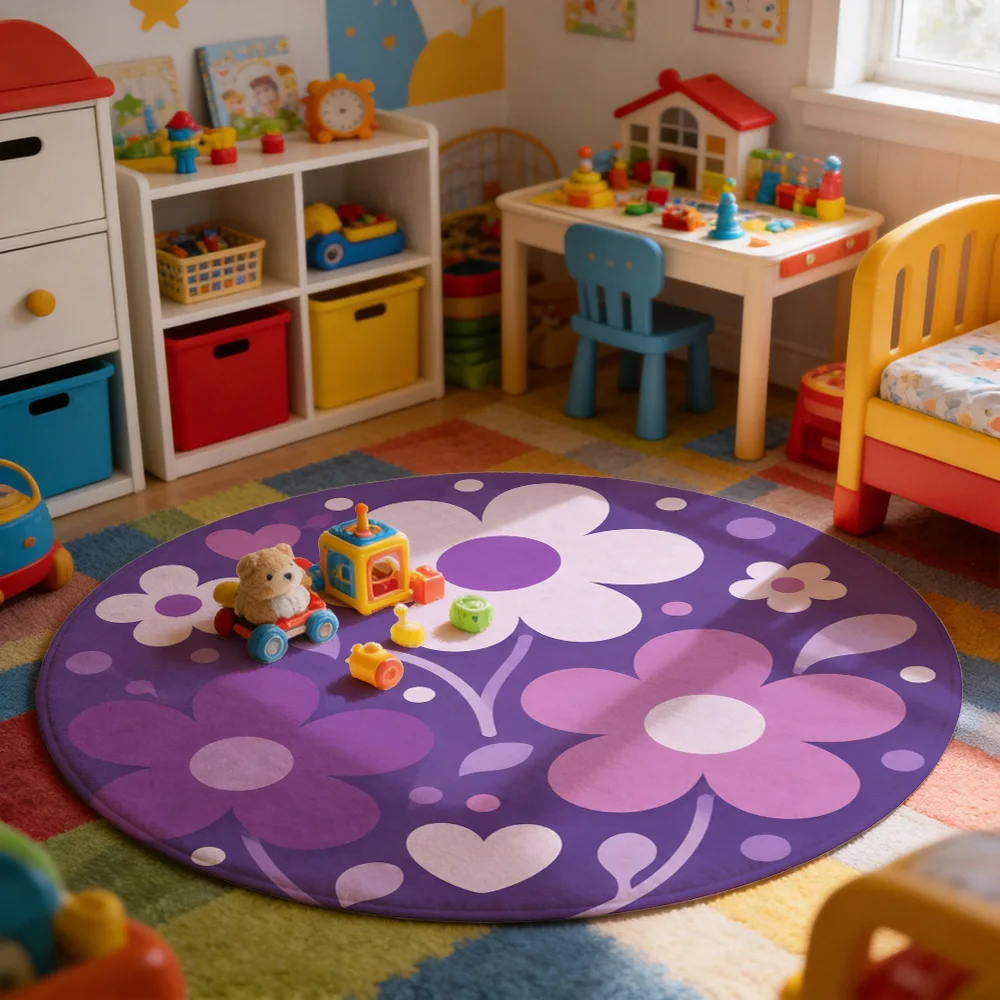 Large Round Floral Pattern Area Rug for Living Room Boho Chic Decor Soft Plush Mat