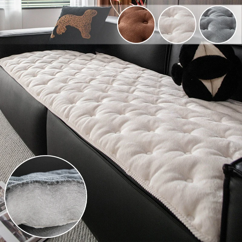 

Premium Solid Color Fleece Sofa Cover Straight Row One Piece Thickened Non Slip Couch Mat for Autumn Winter Living Room Decor