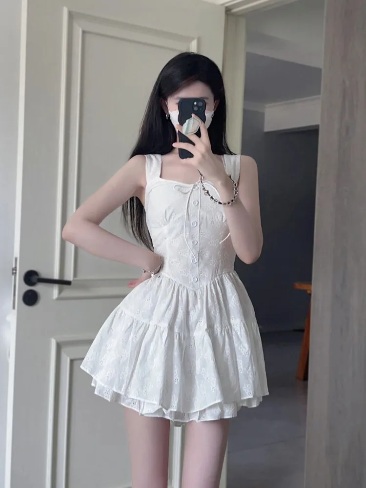 

White Knot Halter Dress Women's Summer 2025 New Pure Desire Ballet Waist Cinching Short Skirt Two-Piece Set