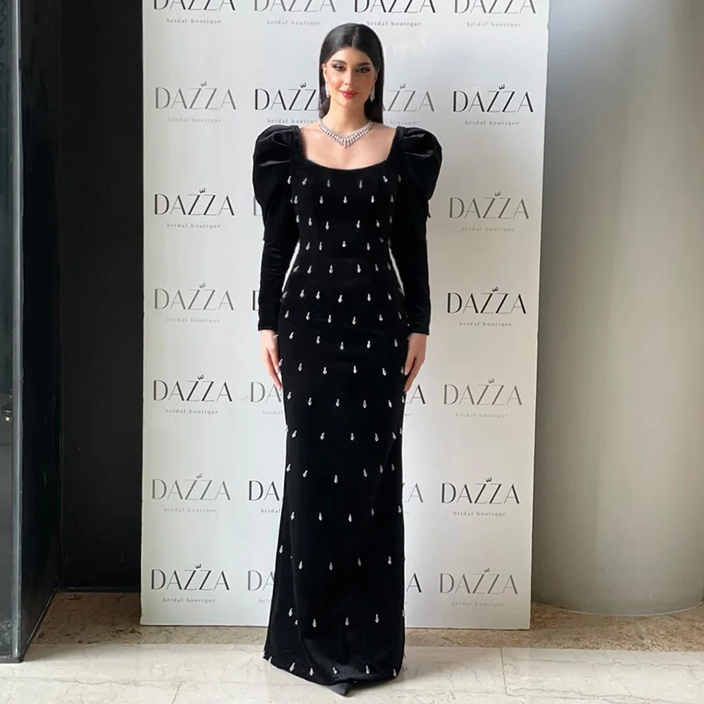 Mesprit Saudi Evening Dress 2024 Custom Size Long Sleeve Square Neck Crystals Velvet Mermaid Black Prom Gown Dubai Party Dresses